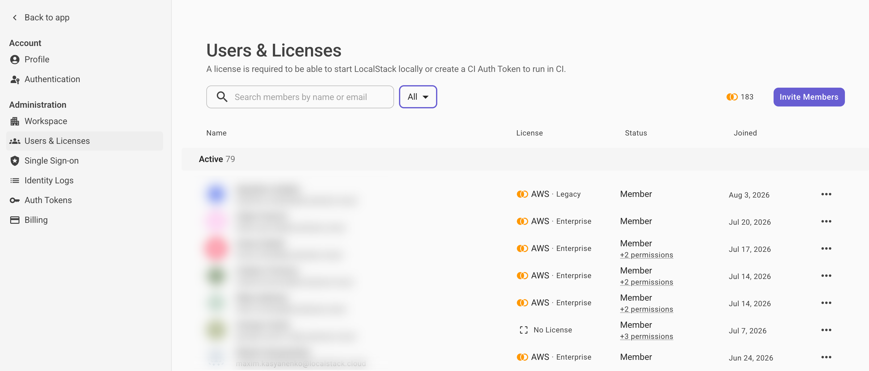 Users & Licenses management screen